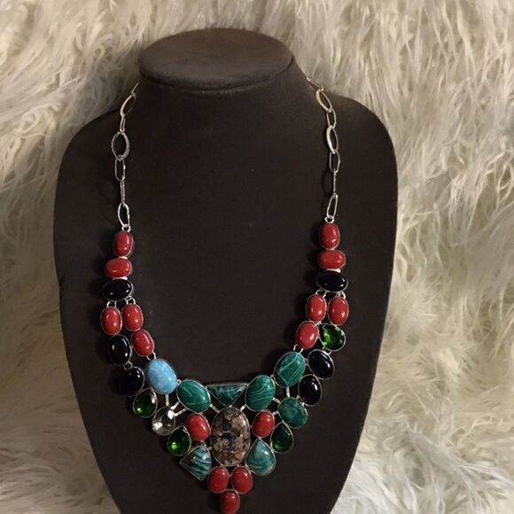 TURTILLA AGATE WITH MALACHITE GEMS NECKLACE SILVER - Picture 3 of 16